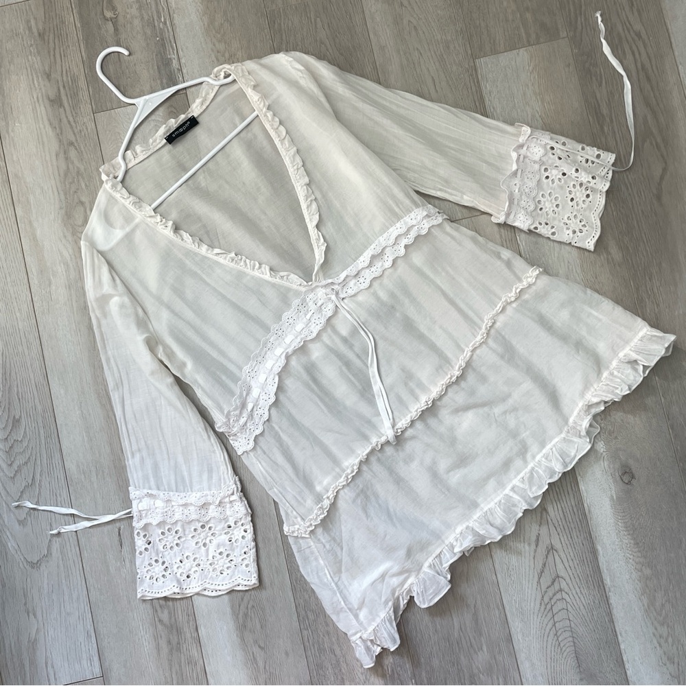 Bohemian Silk Tunic cotton lace ruffle sheer womens White (small) cottagecore